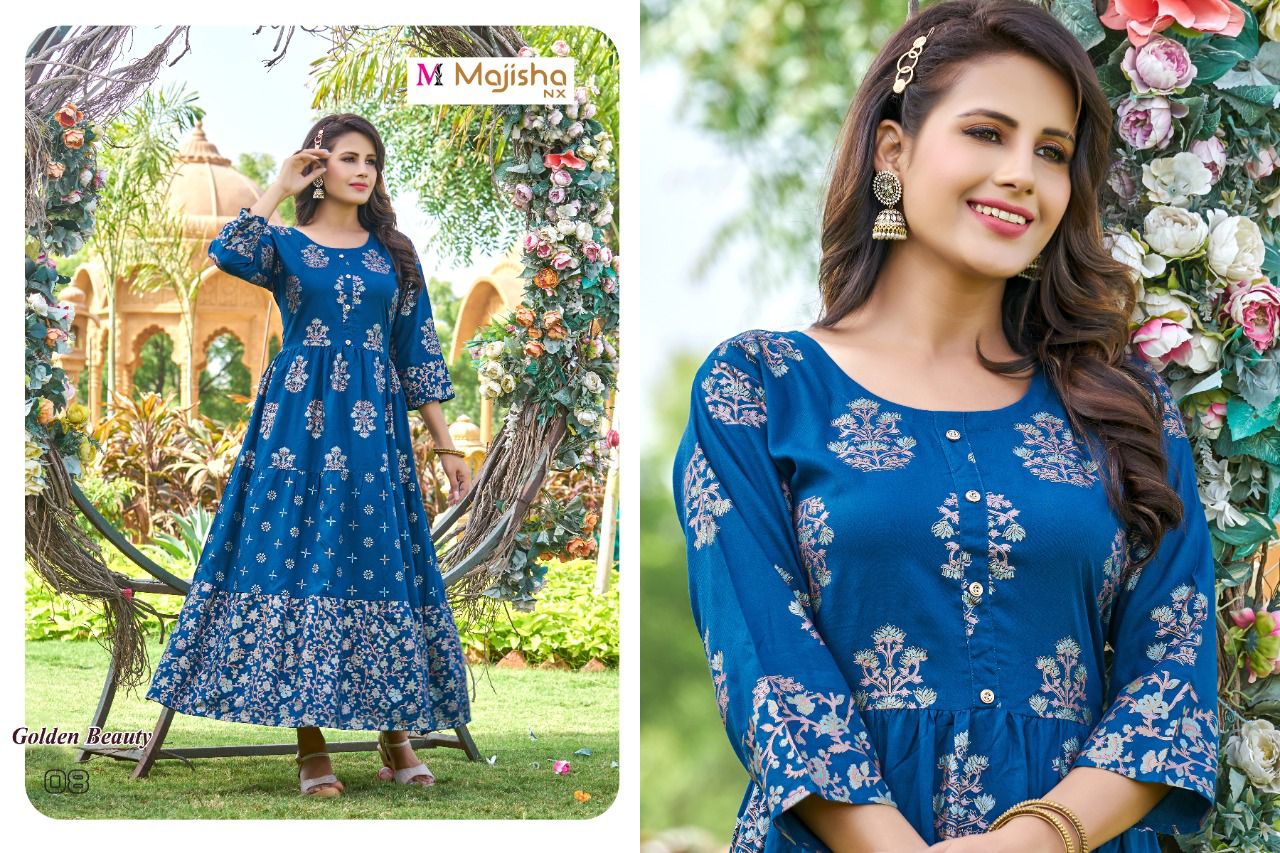Majisha Nx Golden Beauty Ethnic Wear Rayon Long Anarkali Kurti Collection